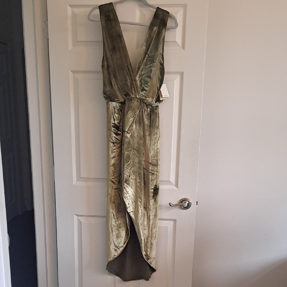 Haute Hippie Flowy Crushed Velvet High Low Dress In Military Green